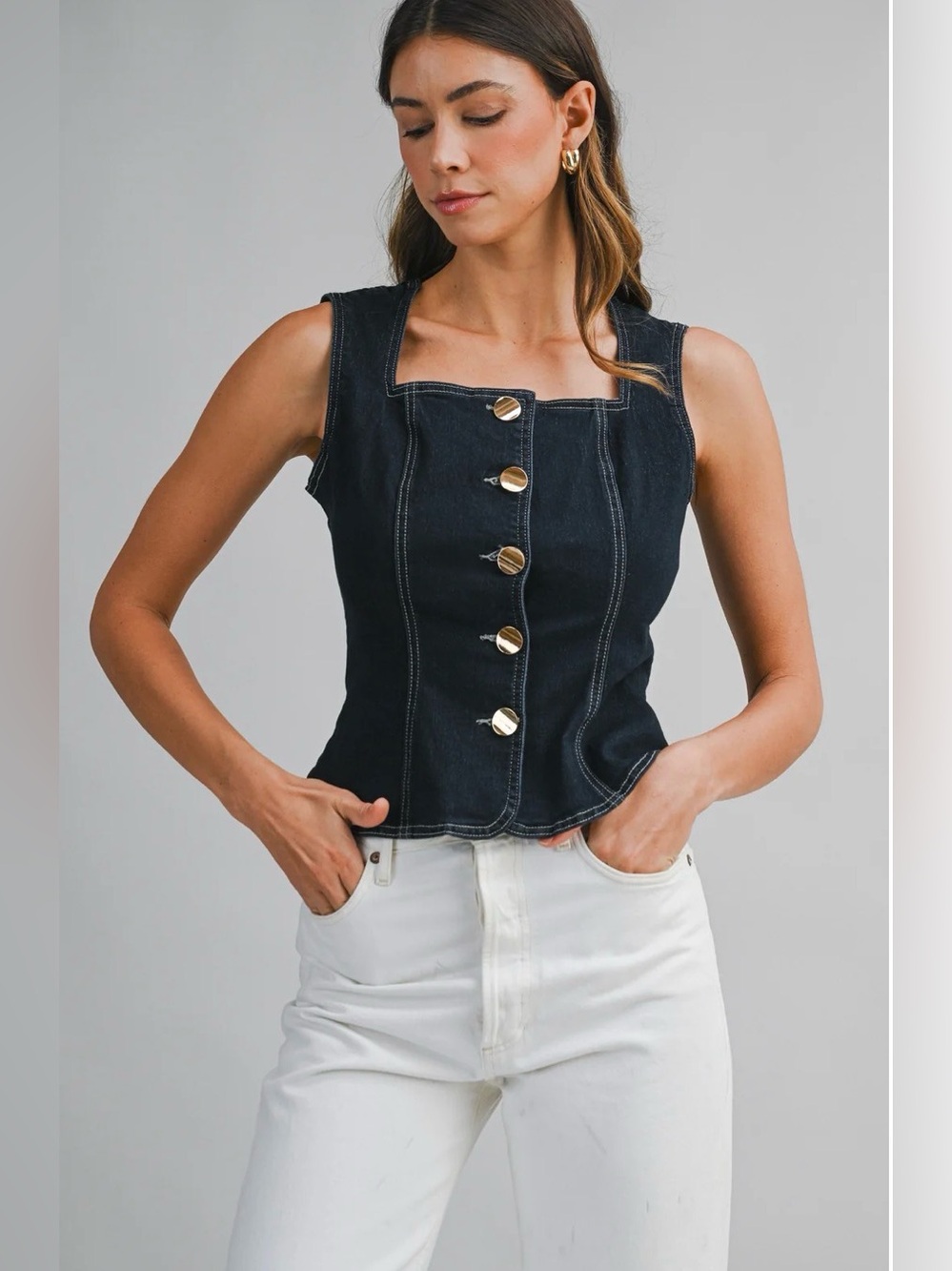 MABLE Denim Button-Front Vest Top